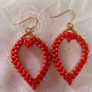 Handmade Red Heart Beaded Earrings with gold accents 2 inches